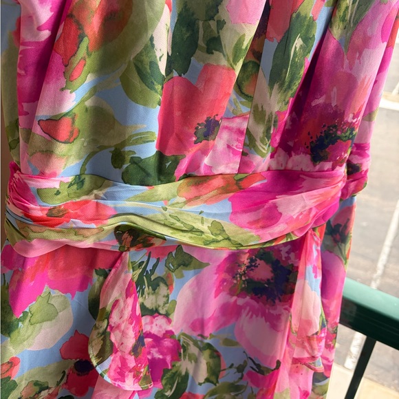 🆕 Xscape Floral Chiffon Halter Maxi Dress Size 12 Pink Blue Ruffle Formal Gown - Picture 9 of 17